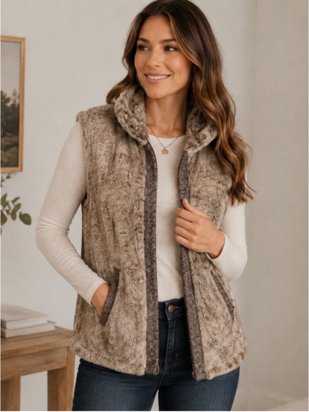 Tribal Taupe Faux Fur Teddy Vest with Contrast Trim Size L Boho Cabin Core